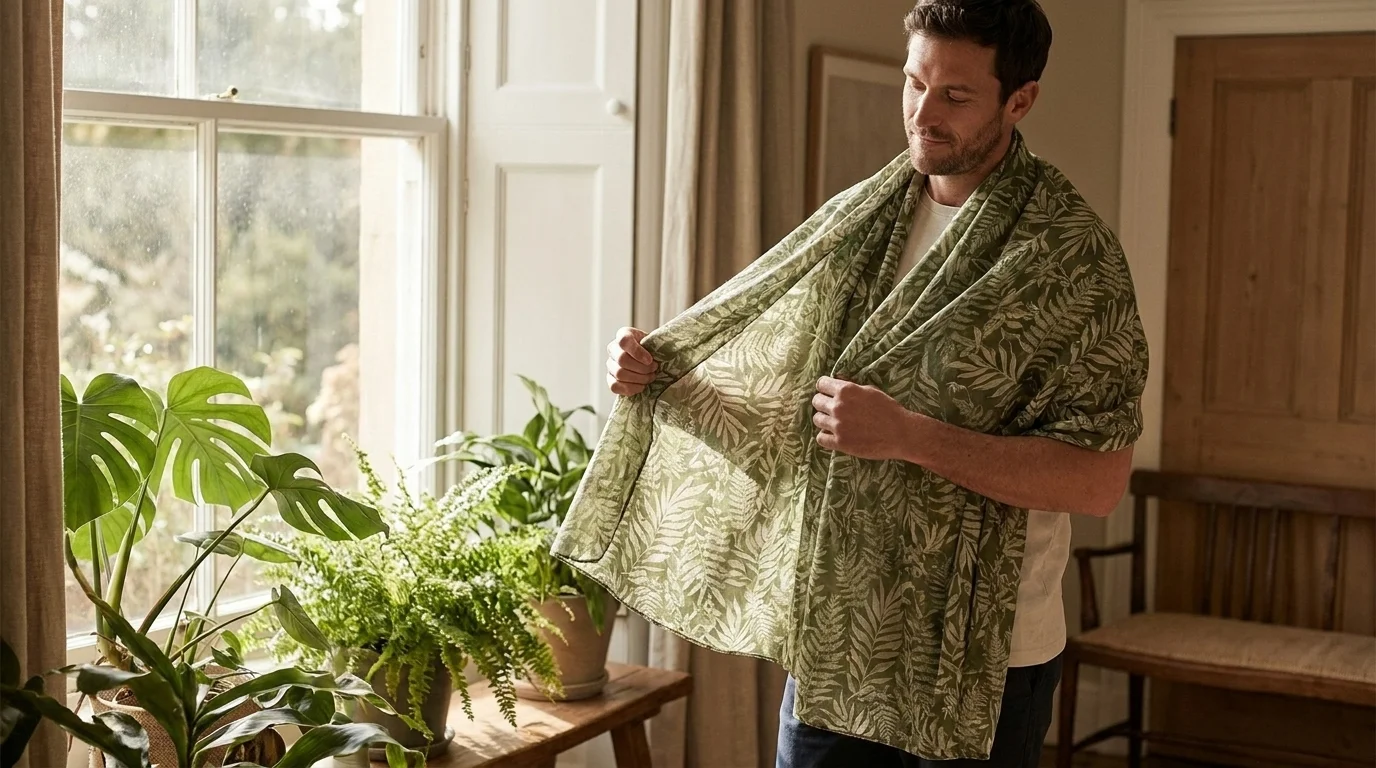 Man draping a green botanical-print scarf over his shoulders by a sunlit window with houseplants