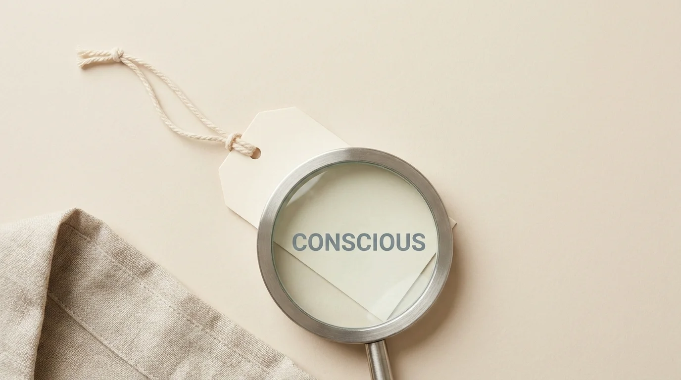 Hands examining a fabric hangtag through a magnifying glass on a cream studio surface, scrutinizing wellness-fashion claims