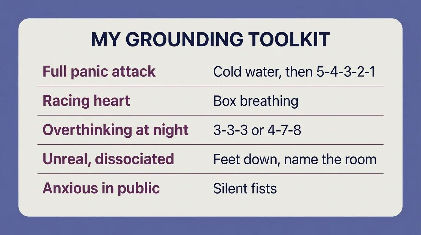 Minimal grounding toolkit card pairing five anxious situations, from panic to public, each with a go-to technique