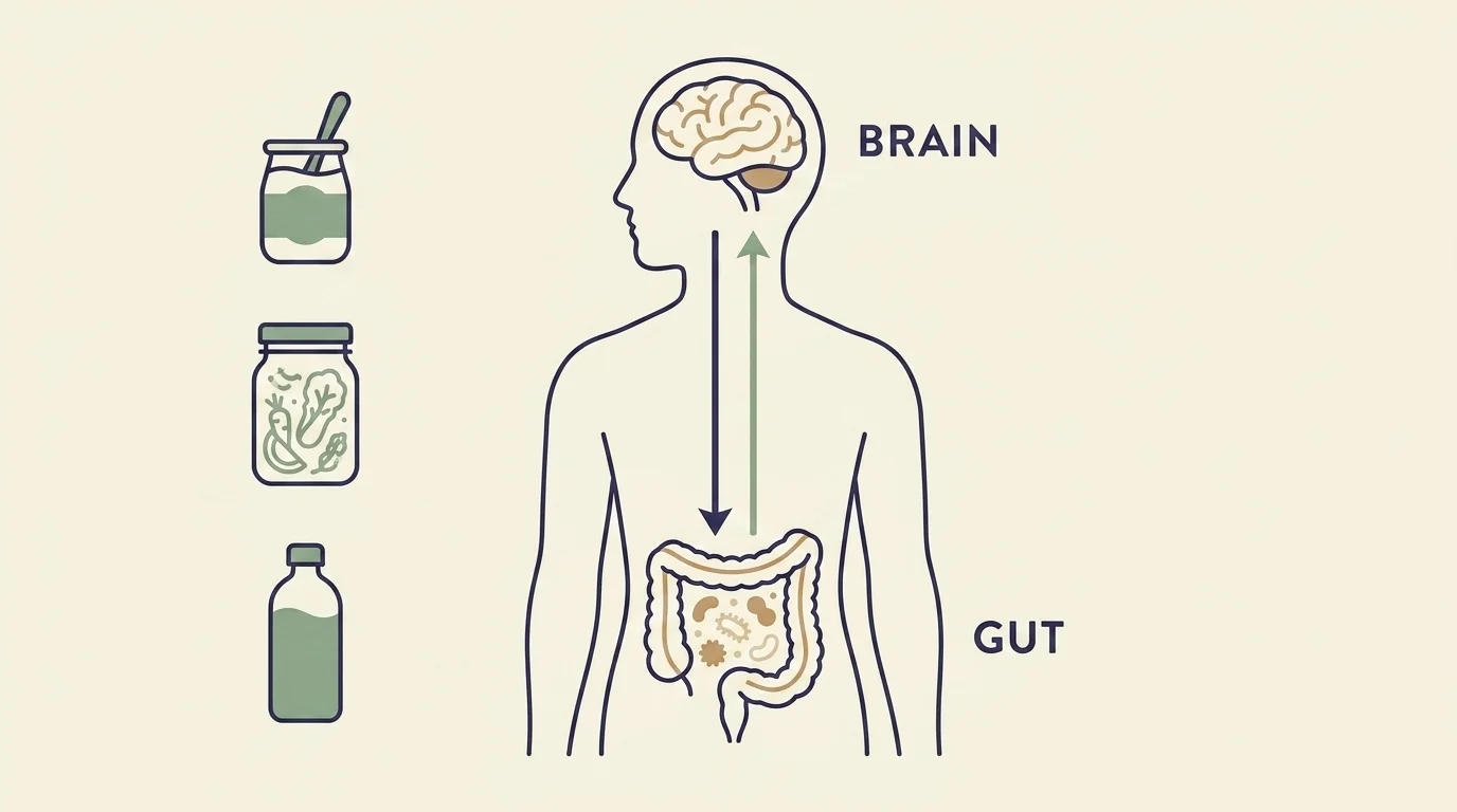 Gut-brain axis diagram: a human figure with a two-way arrow linking a microbe-filled gut and the brain
