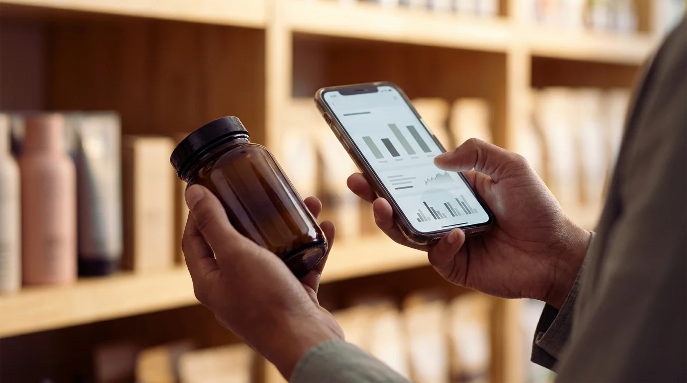 Close-up of a hand holding a wellness product in a store while checking a price comparison on a phone
