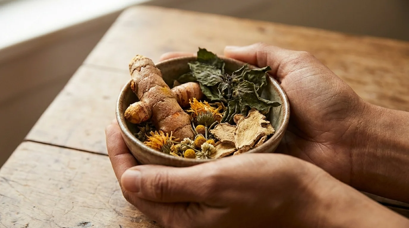 Two hands hold a ceramic bowl of dried botanicals — turmeric root, holy basil, ginger, and small flowers