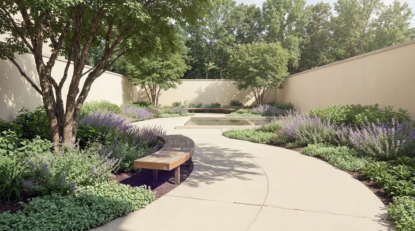 Hospital healing garden with wheelchair-accessible paved paths through layered perennials and wooden benches in dappled afternoon shade