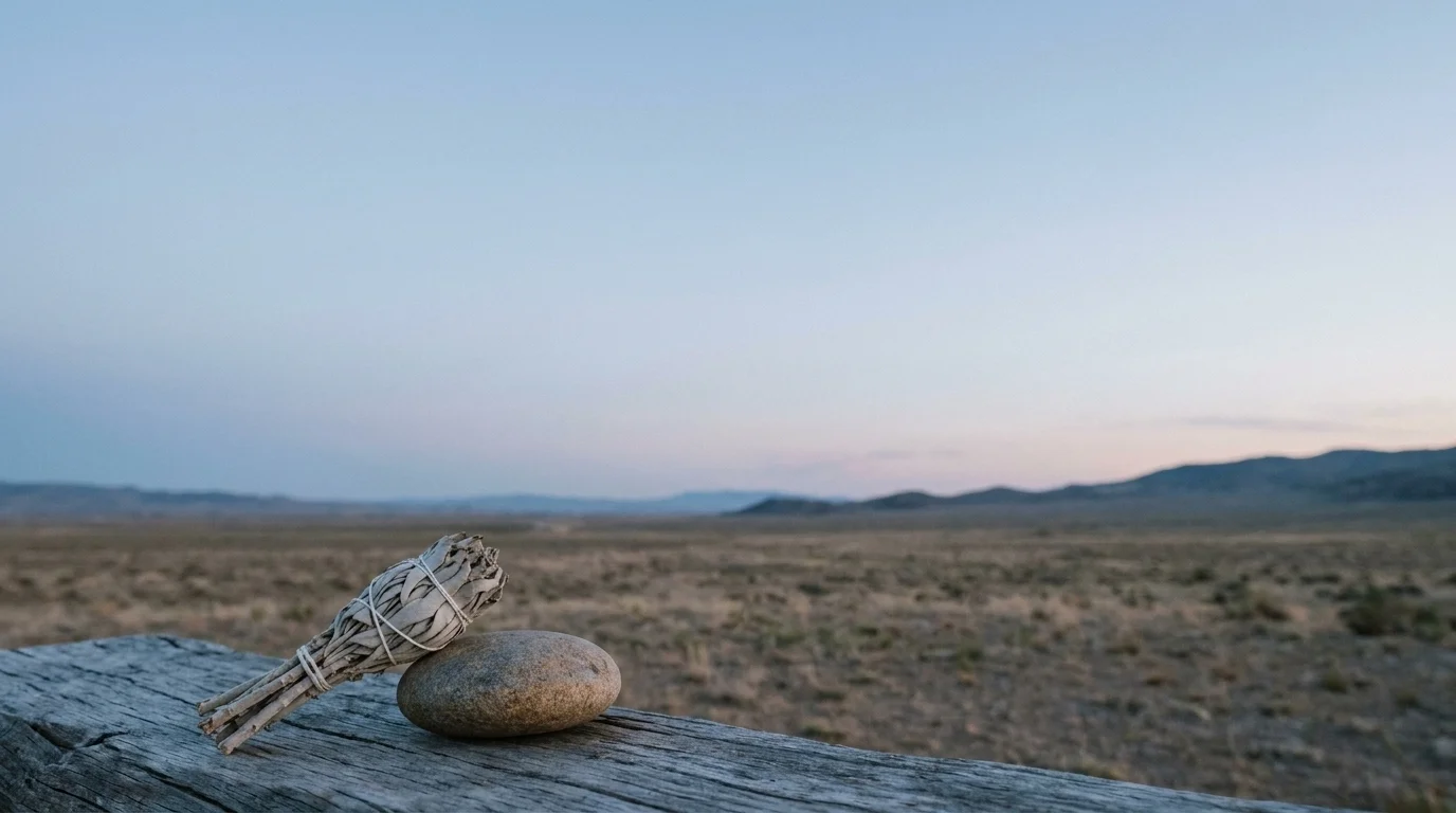 Unlit bundle of dried white sage and a smooth river stone resting on weathered wood, open high desert at dusk behind