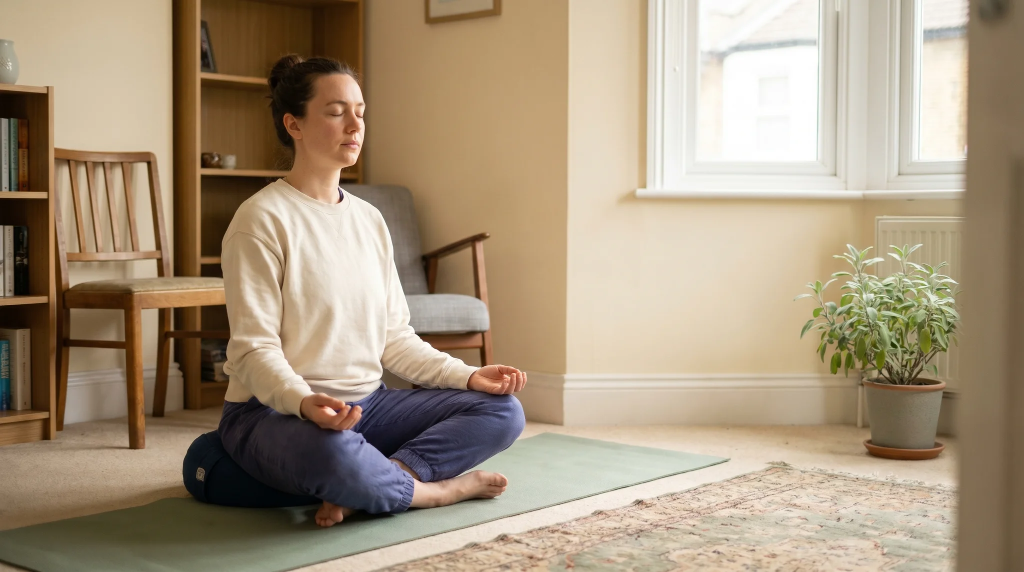 Person practicing seated meditation on a mat in a simple living room in soft morning light