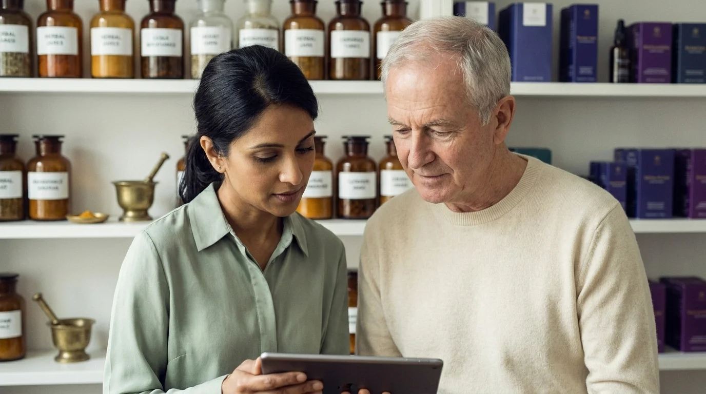 Clinician and older patient review a tablet in an integrative medicine clinic, labeled herbal jars on shelves behind