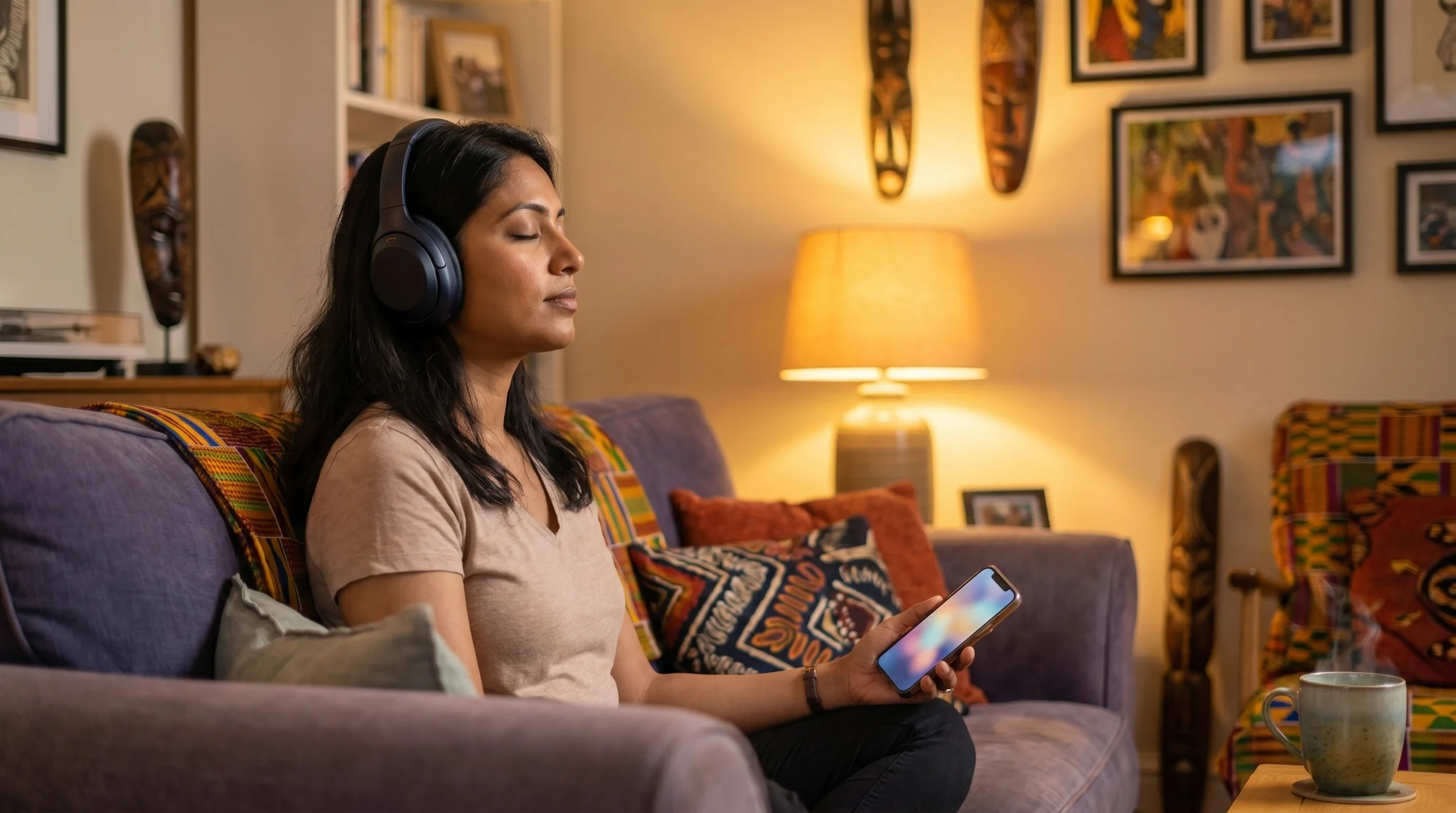 Person with headphones using a meditation app, eyes closed and relaxed, in a warm multicultural home