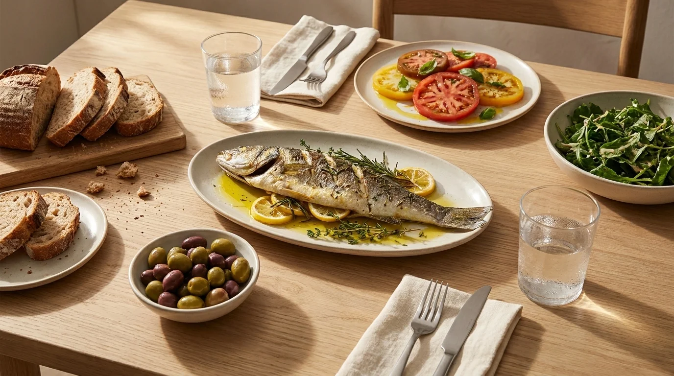 Overhead wooden table set for two with whole roasted fish, olives, tomatoes, bread and salad in warm afternoon light