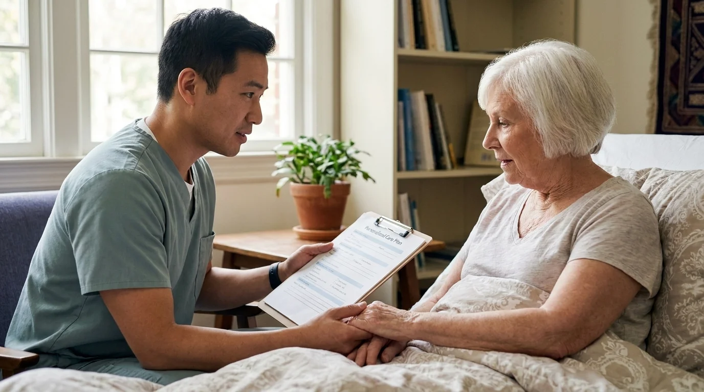 Nurse and an elderly patient reviewing a personalized care plan together at the patient's bedside