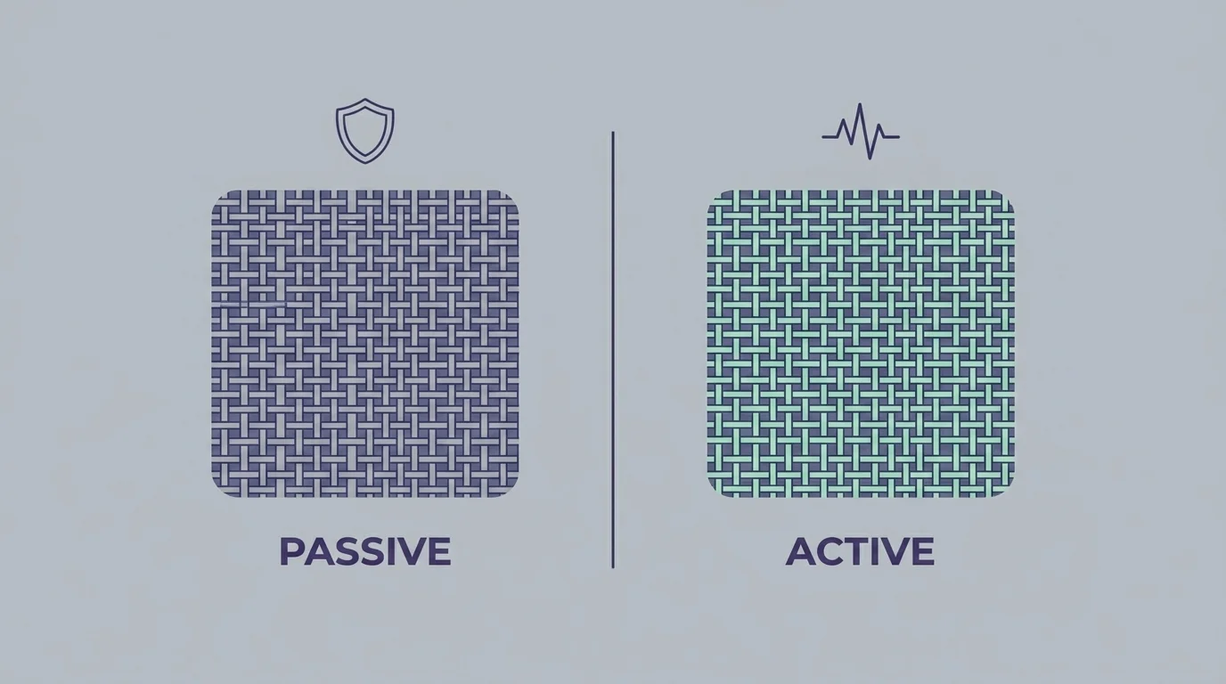 Diagram comparing two fabric swatches: a passive smart textile and an active sensing smart textile