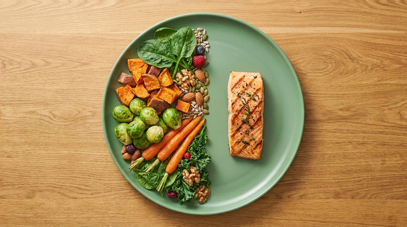 Overhead plate about three-quarters vegetables, fruit, nuts and seeds with a small grilled fish portion