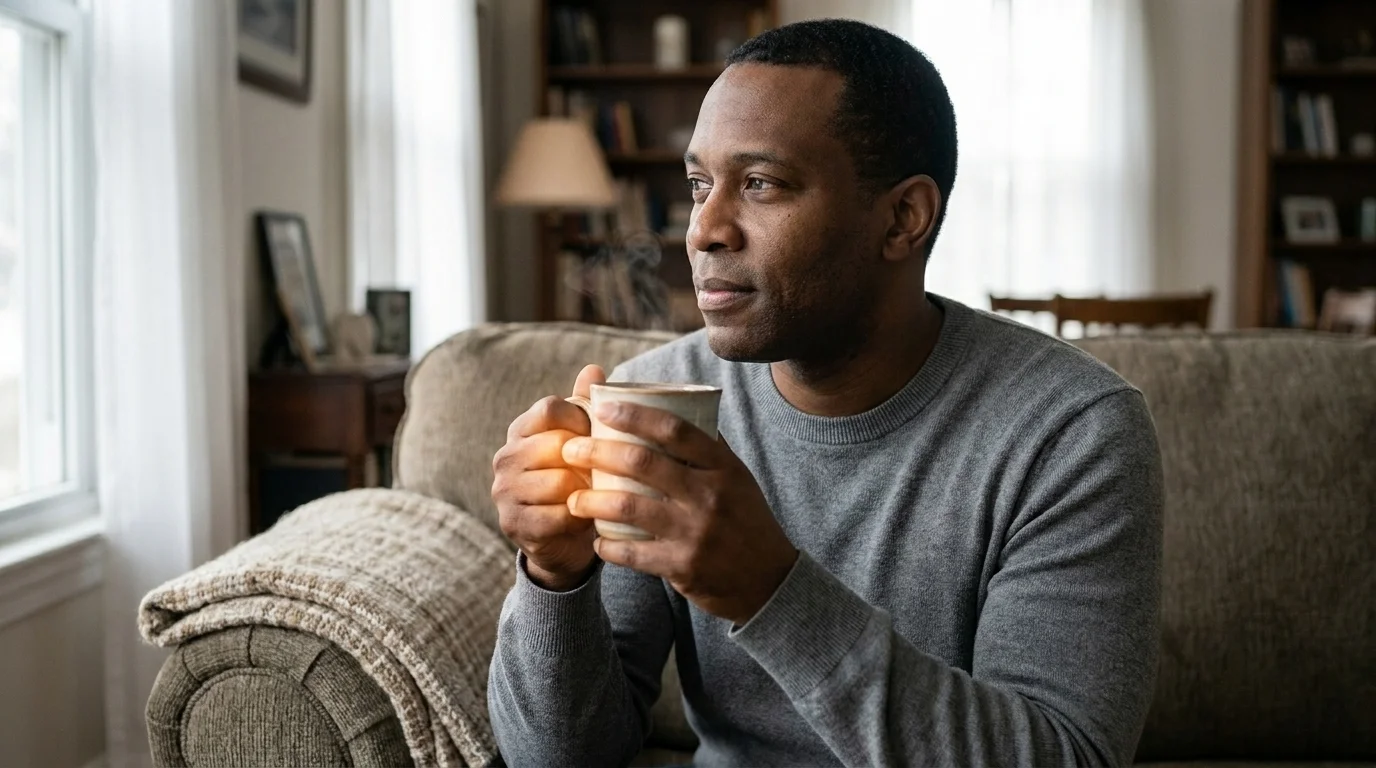 A man sits alone by a window in soft morning light, both hands around a warm mug, looking thoughtful