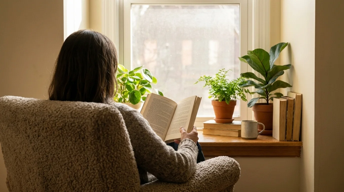 Person reading in an armchair by a window with plants, seen from behind in a calm domestic room