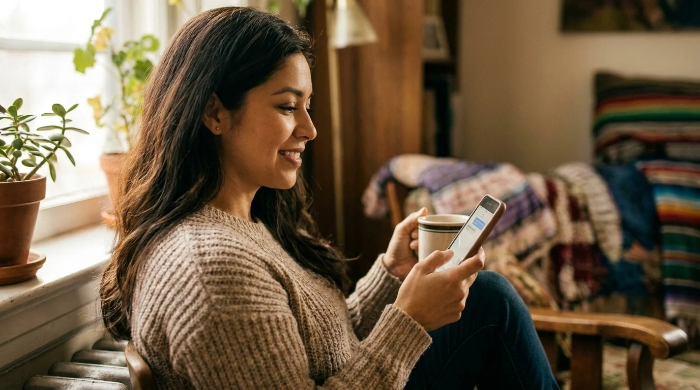 Person sitting by a window with a warm mug, phone in hand, reaching out to someone in soft natural light