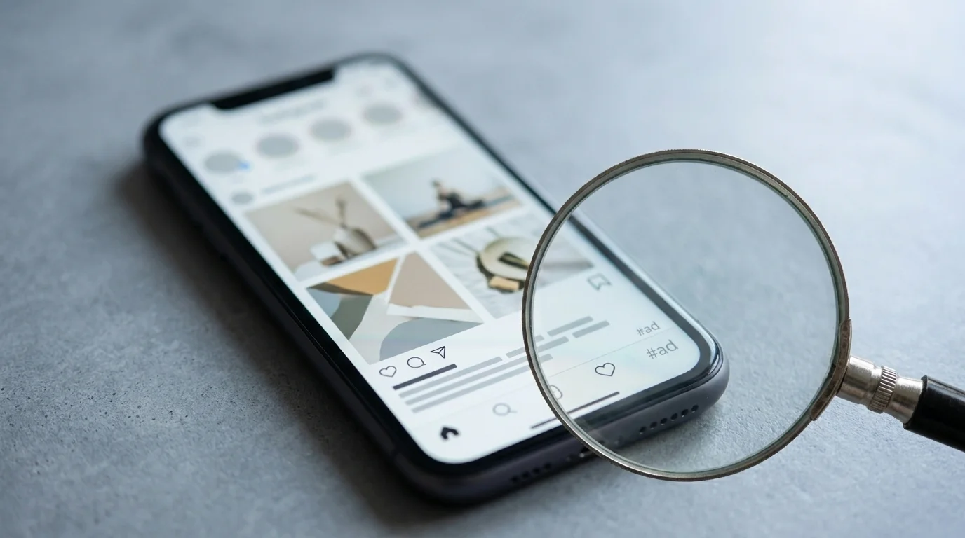 Smartphone showing a wellness social post with a tiny disclosure hashtag under a magnifying glass