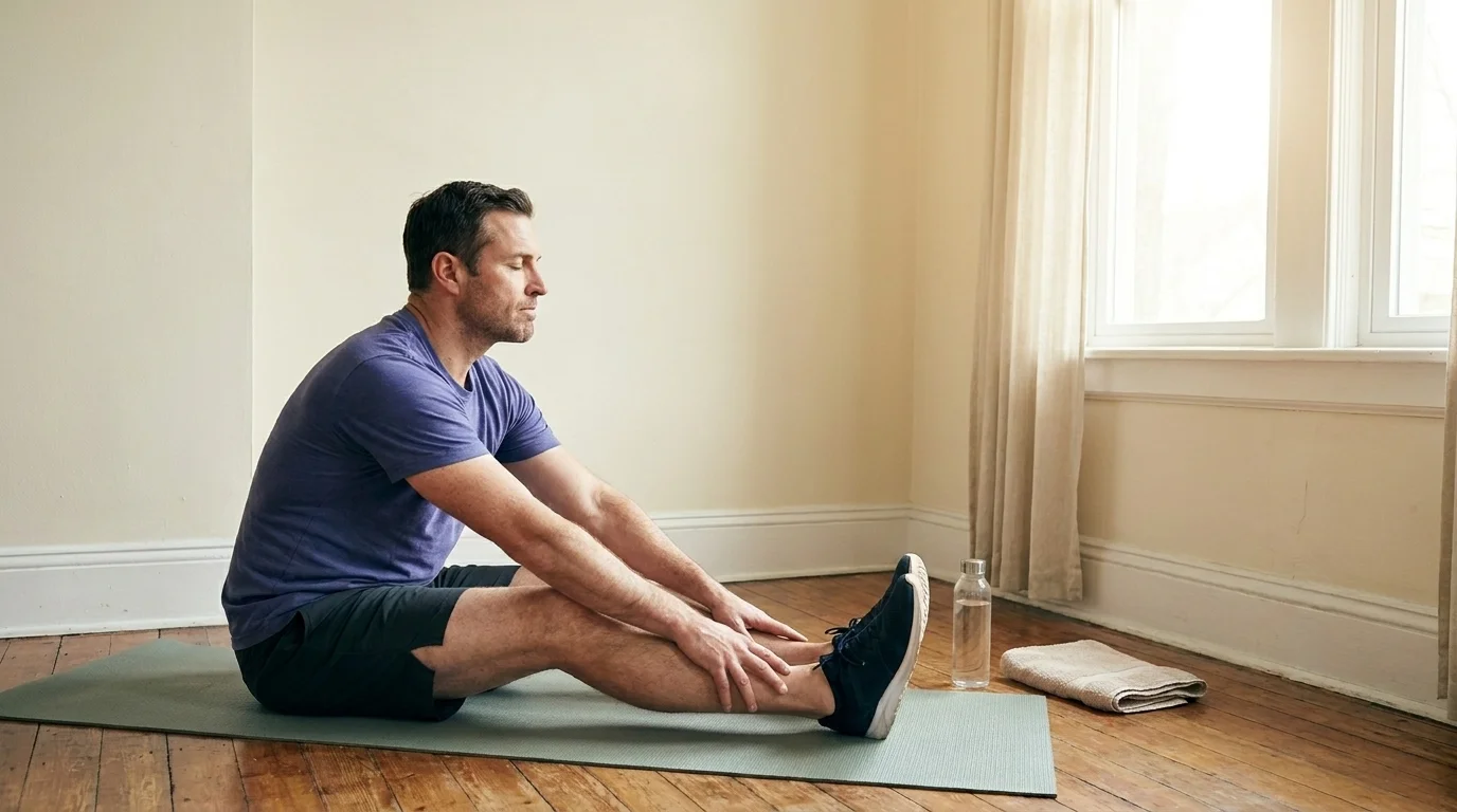Person resting calmly on a mat after a workout in soft natural light, water bottle beside them, recovery moment
