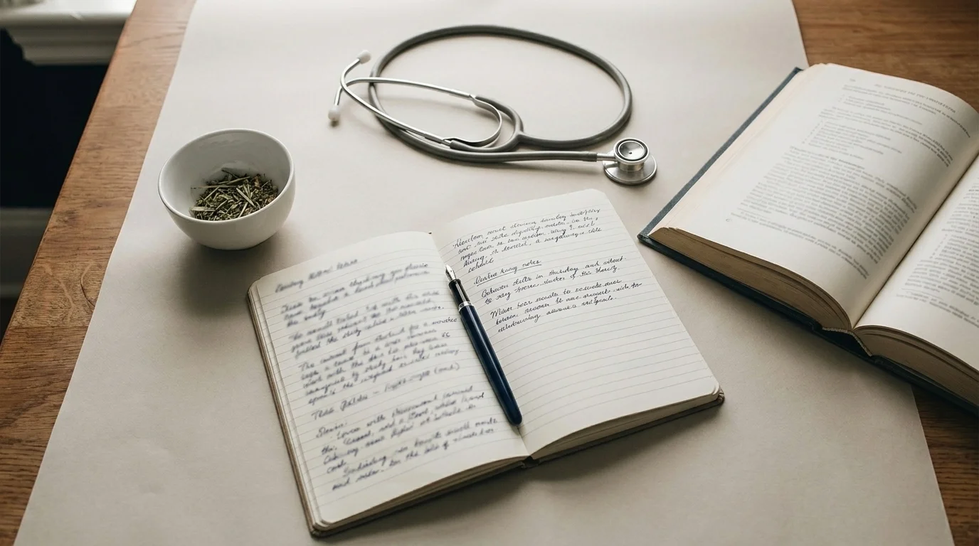 Overhead workspace with open notebook, ceramic bowl of dried herbs, stethoscope, and traditional medicine textbook