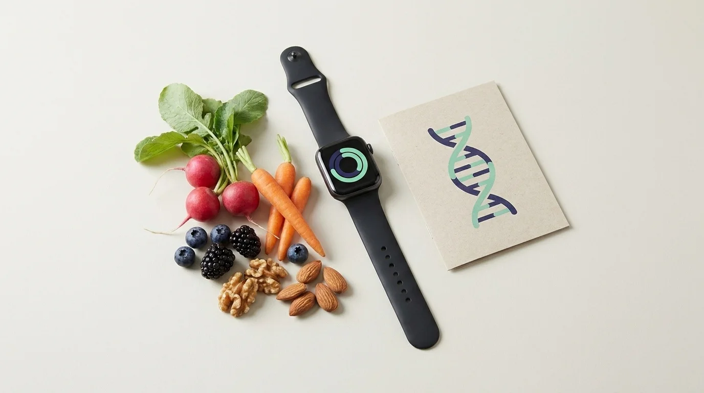 Smartwatch showing an abstract activity ring beside fresh whole foods and a printed genetic-report card