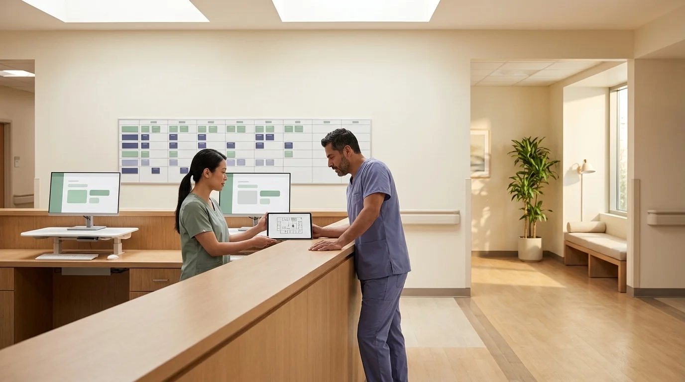 Redesigned modern hospital nurses' station with two nurses at a tablet, visual schedule board, and staff respite alcove