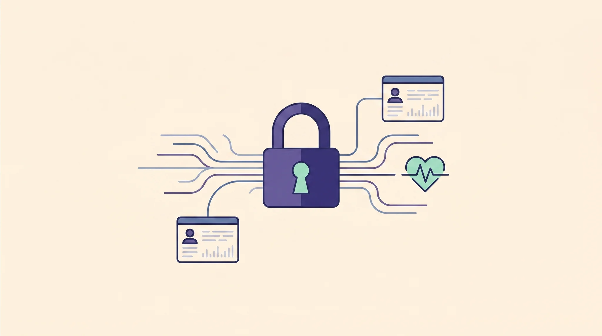 Editorial illustration of secure encrypted health data — a padlock over flowing data streams and patient-record icons