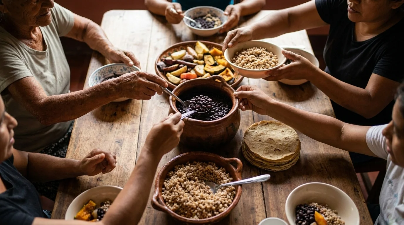 Several hands of varied skin tones reaching toward communal dishes of beans, vegetables and grains at a shared table