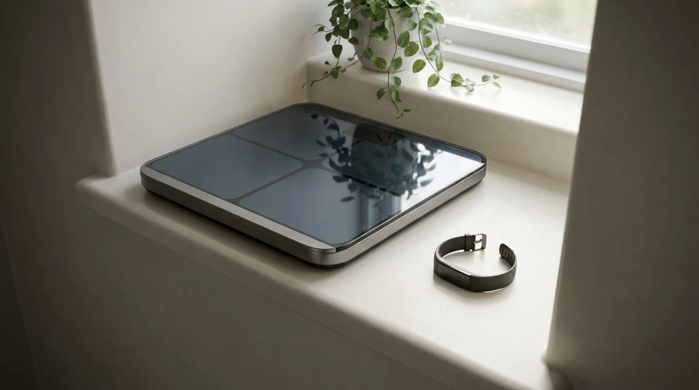 Smart scale and a wearable band set down at rest on a clean bathroom shelf beside a window and a trailing plant