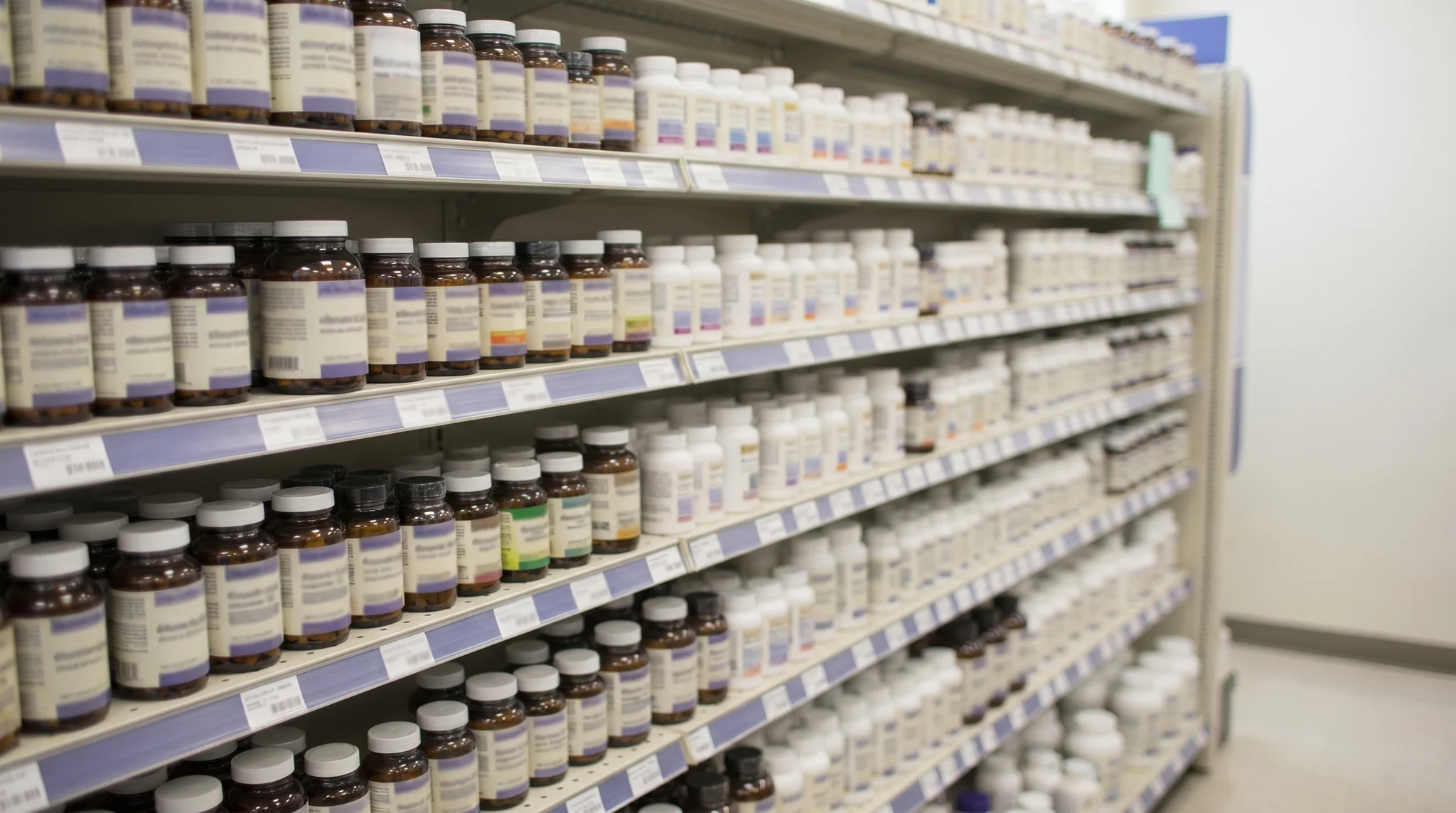 Well-stocked retail shelf of dietary supplement bottles and vitamin products with no people