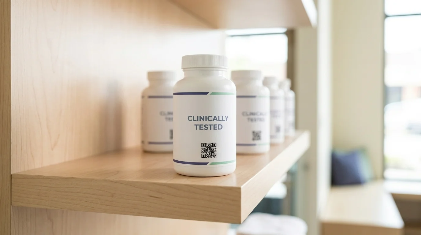 A white supplement bottle labelled 'clinically tested' with a QR code on a bright retail shelf