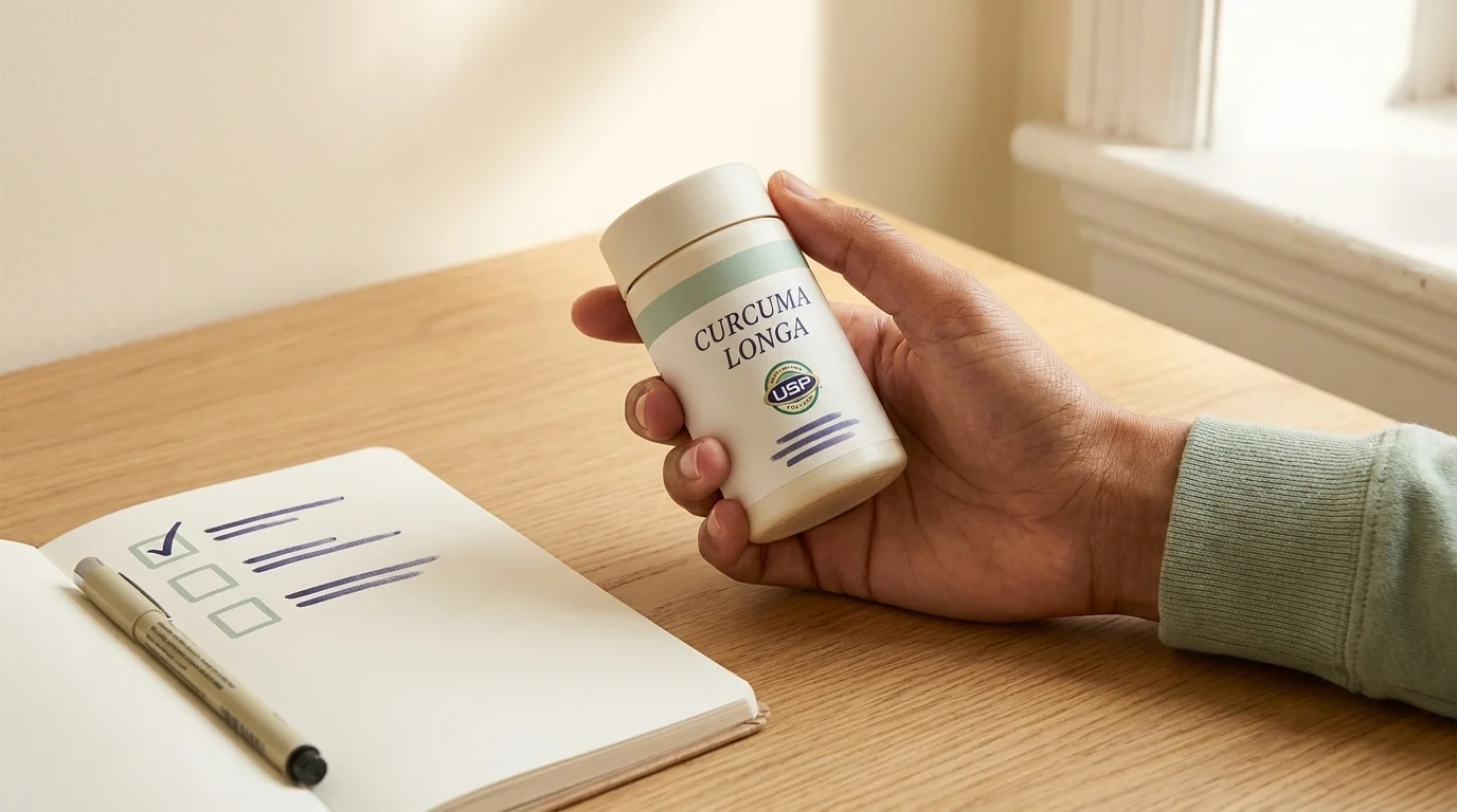 Hand holding a supplement bottle with Curcuma longa Latin binomial and USP Verified seal beside a checklist notebook