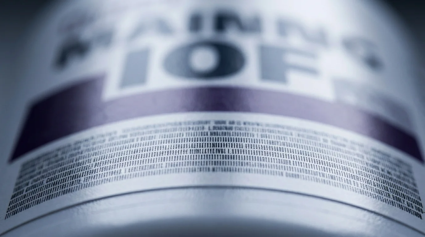 Extreme close-up of a supplement label with the fine-print disclaimer sharp and the bold marketing claim blurred above