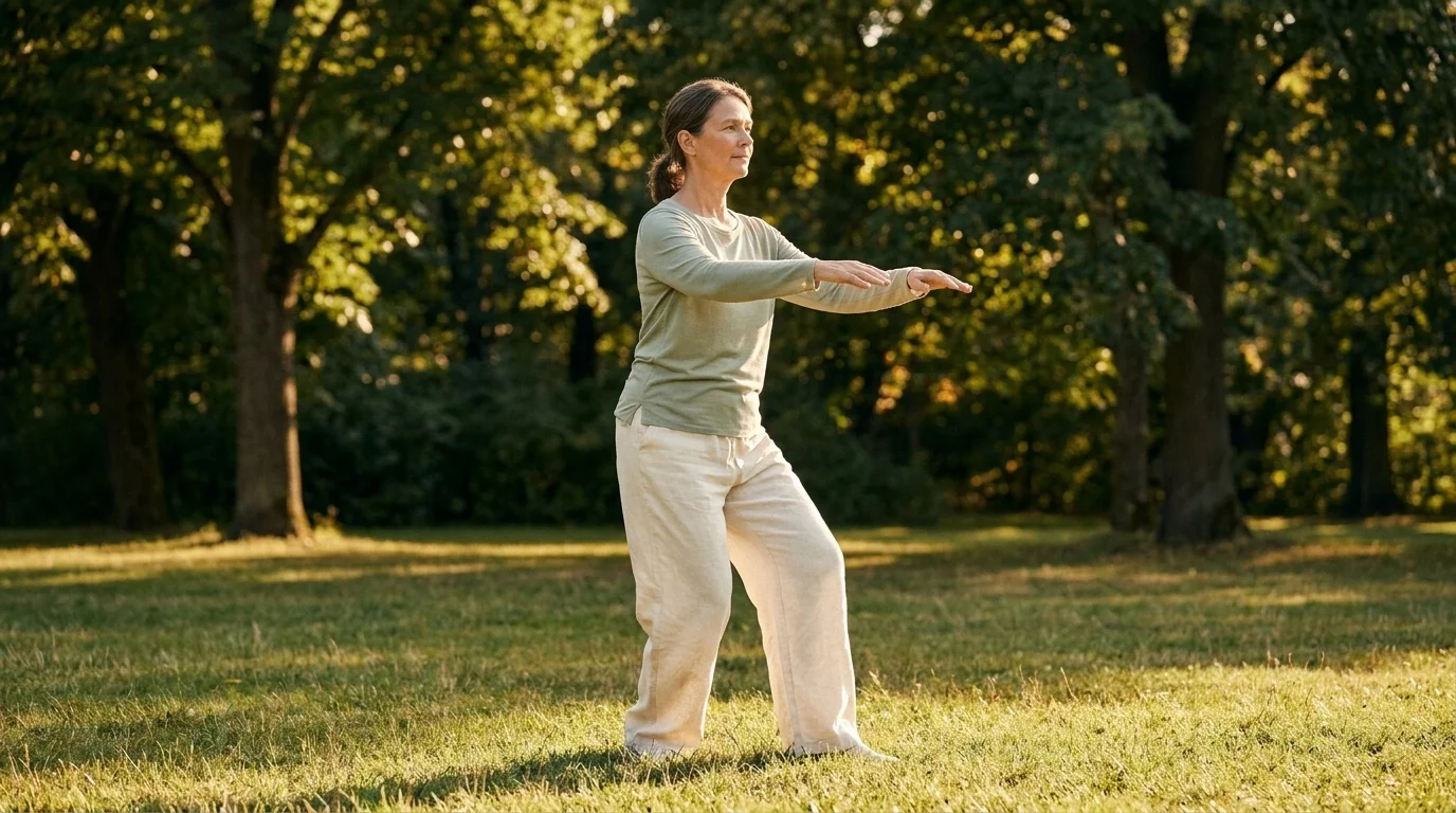 Tai Chi practitioner in their fifties mid-weight-shift in a sunlit park at golden hour, soft linen clothing