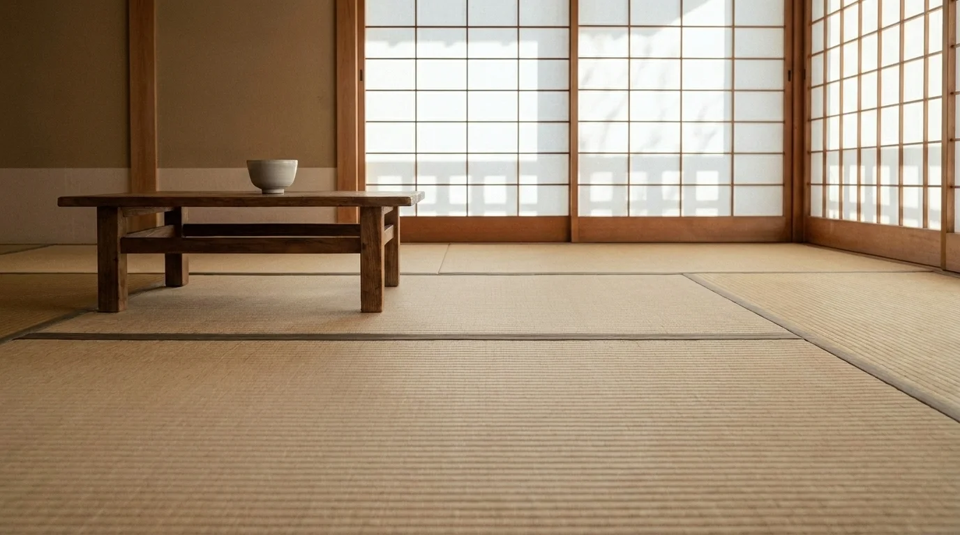 Sparse tatami room with a single low wooden table and wide empty floor lit softly through a paper shoji screen