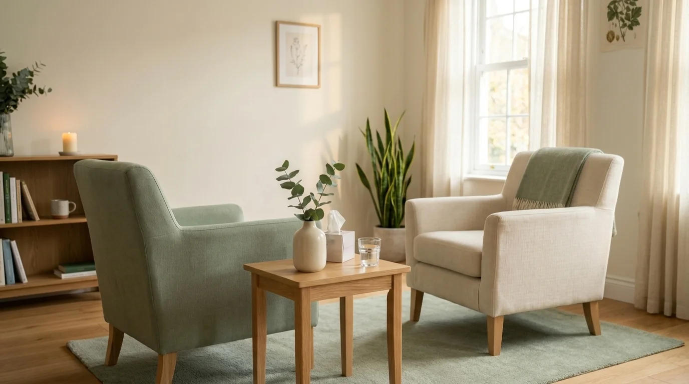 Empty therapist's office with two armchairs, a small side table holding a eucalyptus vase, and a softly lit window
