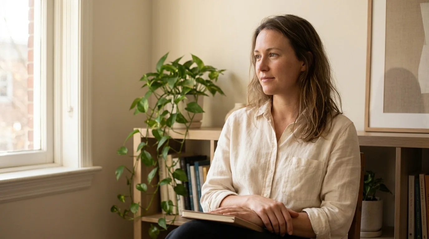 Therapist in a quiet sunlit office mid-conversation with a small notebook on her lap