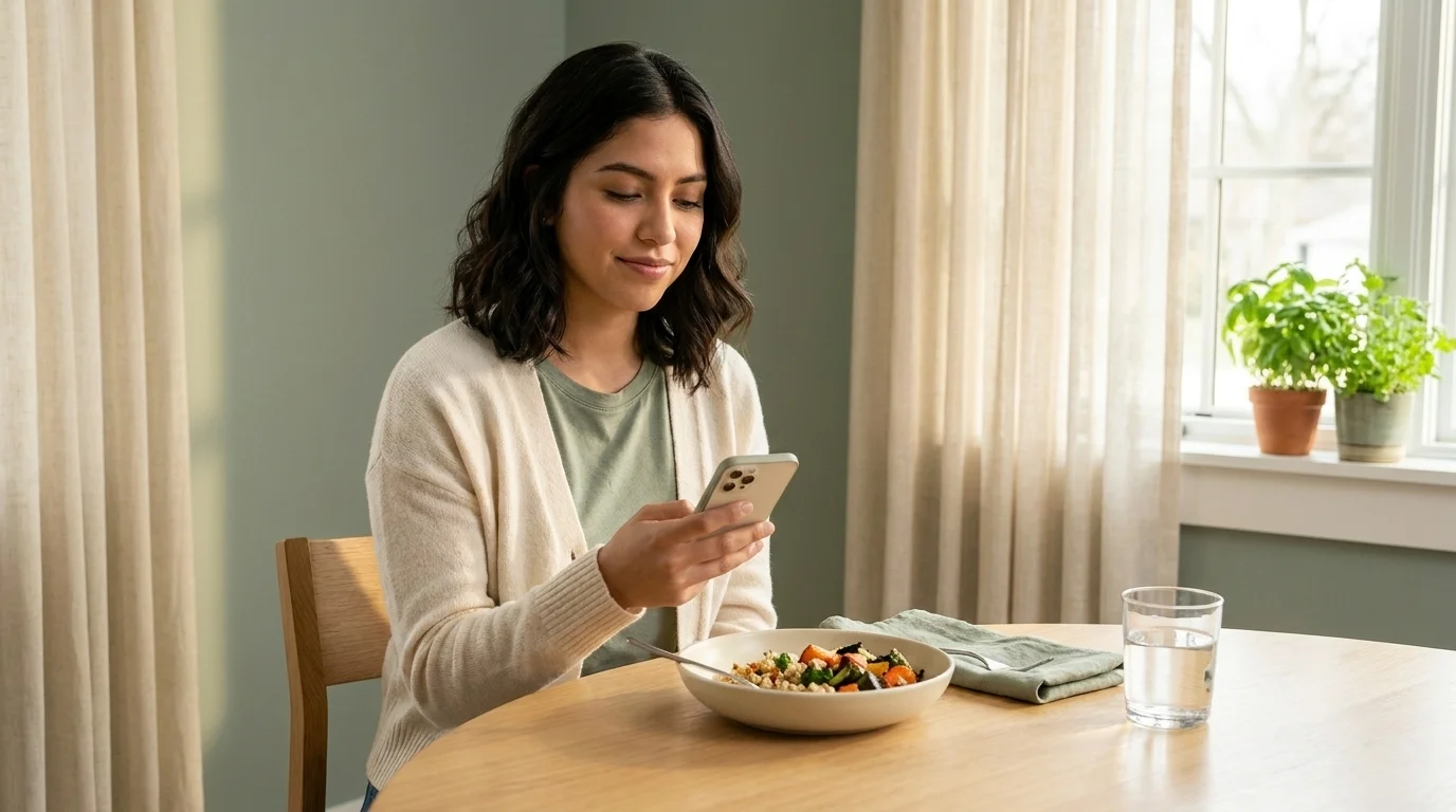 Young woman at a kitchen table looking thoughtfully at her phone over a half-eaten meal in soft afternoon light