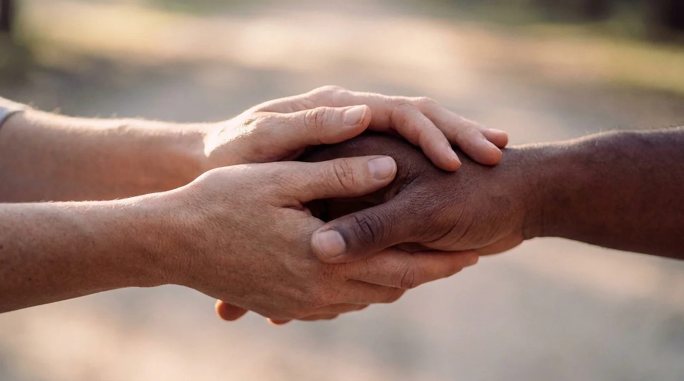 Close-up of two hands gently clasped together in a gesture of support against a soft warm background