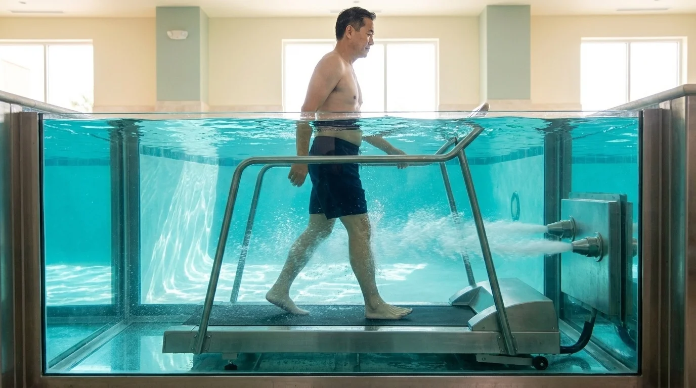 Patient walking on an underwater treadmill with resistance jets in a bright modern aquatic-therapy pool