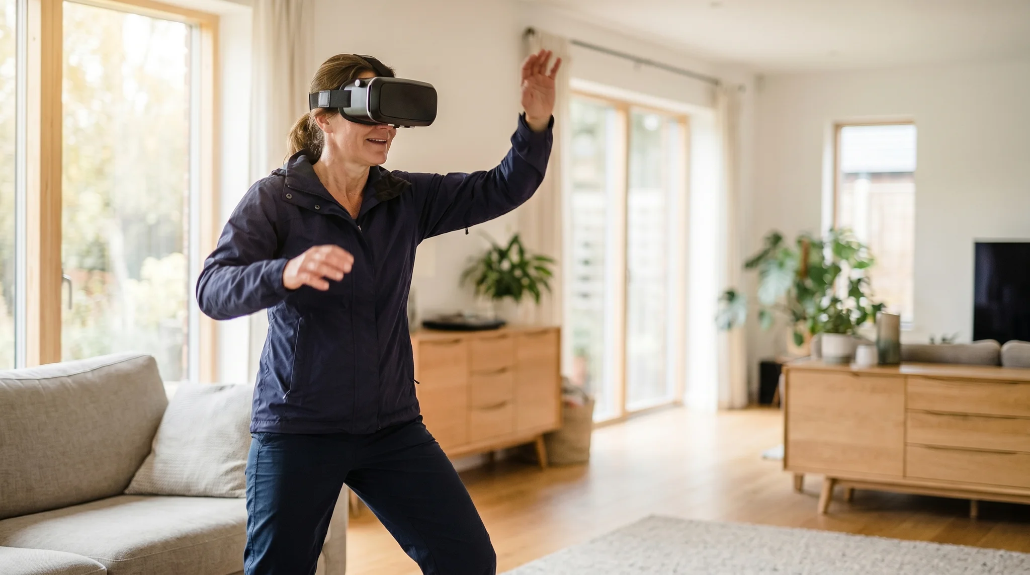 Person in a VR headset mid-movement during an active exergame workout in a modern living room