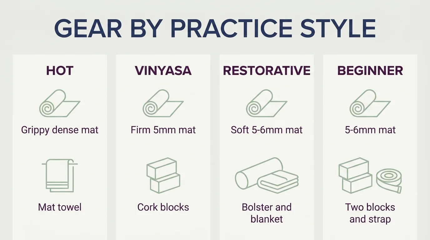 Grid matching yoga gear to four practice styles — hot, vinyasa, restorative and beginner — with each style's key picks