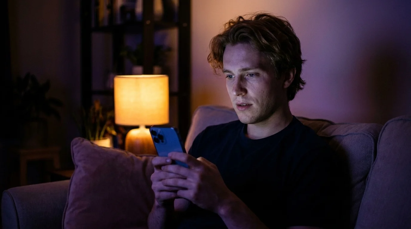 Young man scrolling his phone on a couch at night, lit by the screen, pausing over health information on social media