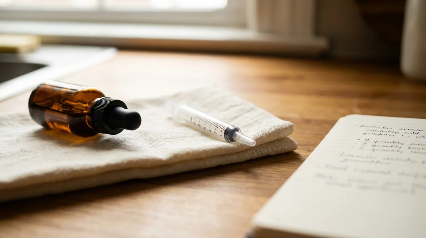 Amber-glass CBD dropper bottle on a wood counter beside a measuring syringe and a small notebook of handwritten dosing notes