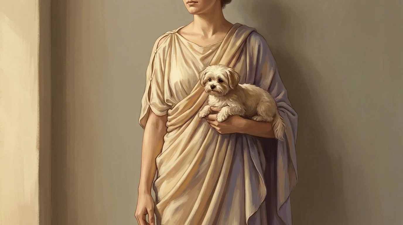 A woman in a draped classical Roman tunic cradles a small toy lapdog kept purely for company