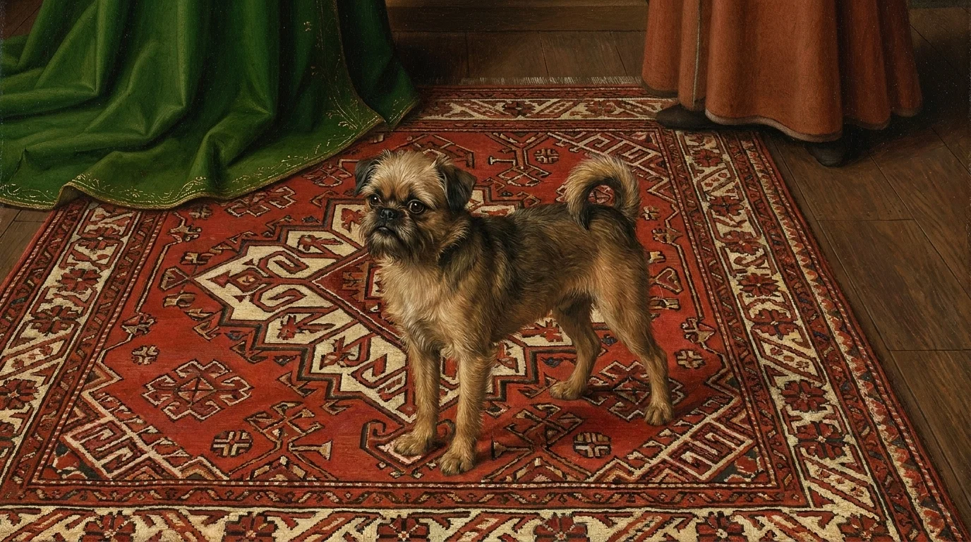 Detail of a small Brussels griffon-type dog rendered in 1430s Early Northern Renaissance oil-on-oak-panel style
