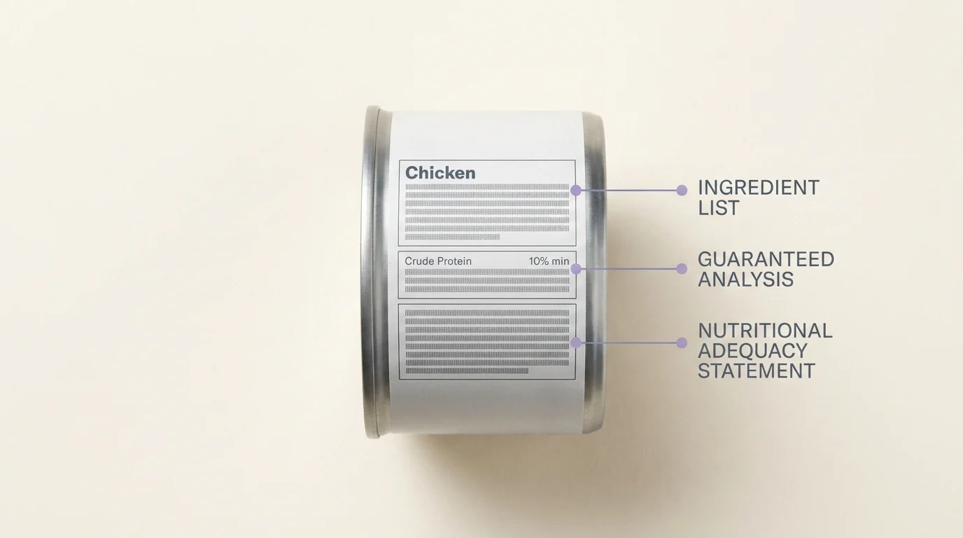 Close-up of a cat food can back panel with callouts to ingredient list, guaranteed analysis and adequacy statement