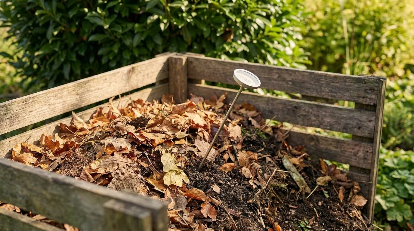 Backyard compost bin with a thermometer probe inserted into a pile of leaves and organic material