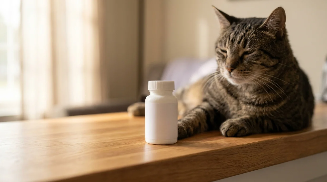 Small Bexacat prescription bottle on a wooden veterinary counter with a short-haired tabby cat in soft focus beside it
