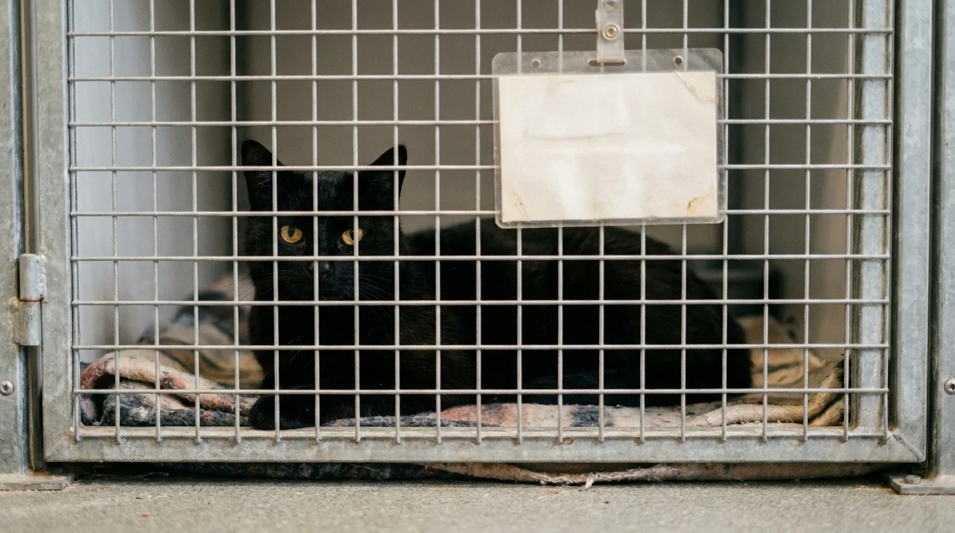 Calm black cat lying in a shelter kennel, looking steadily at the camera through the wire mesh