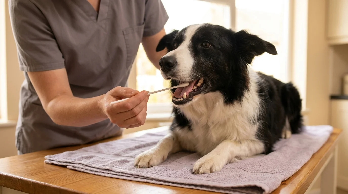 Calm attentive Border Collie on a warm exam table while a veterinarian gently administers a cheek swab for an MDR1 DNA test