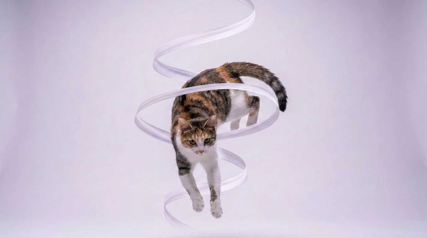 Editorial motion graphic of a cat mid-righting wrapped in a spiraling translucent ribbon tracing its rotation