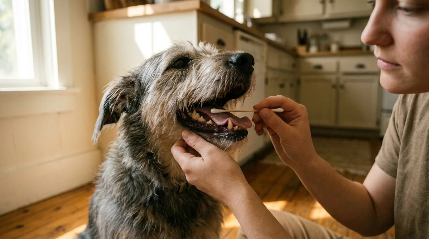 Cotton-tipped cheek swab being gently used inside the mouth of a calm mixed-breed dog held by an owner in a sunlit kitchen